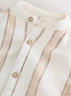 Ecru/Brown - Chemise à manches courtes avec col mao à texture rayée (3mois-7ans)
