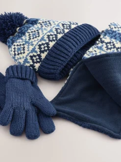 Fairisle bleu/blanc - Ensemble chapeau, écharpe et gants 3 pièces (3-16ans)