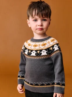 Fairisle gris anthracite - Pull à col rond en maille d’Halloween (3mois à7ans)