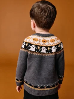 Fairisle gris anthracite - Pull à col rond en maille d’Halloween (3mois à7ans)