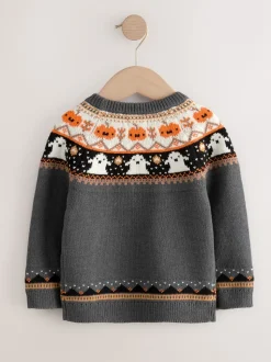 Fairisle gris anthracite - Pull à col rond en maille d’Halloween (3mois à7ans)