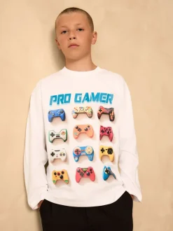 Gamer blanc - T-shirt graphique décontracté en coton à manches longues (3-16ans)