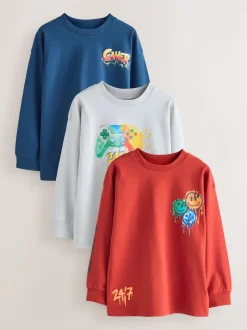 Gamer bleu marine/gris/rouge - Lot de 3 T-shirts à manches longues coupe décontractée avec imprimé graphique (3-16ans)