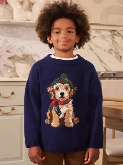 Graphique de chien bleu marine - Pull de Noël familial assorti (3-16ans)