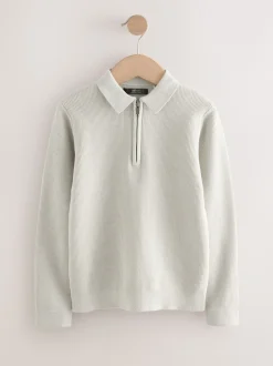 Gris - Polo en maille à manches longues et col zippé (3-16ans)