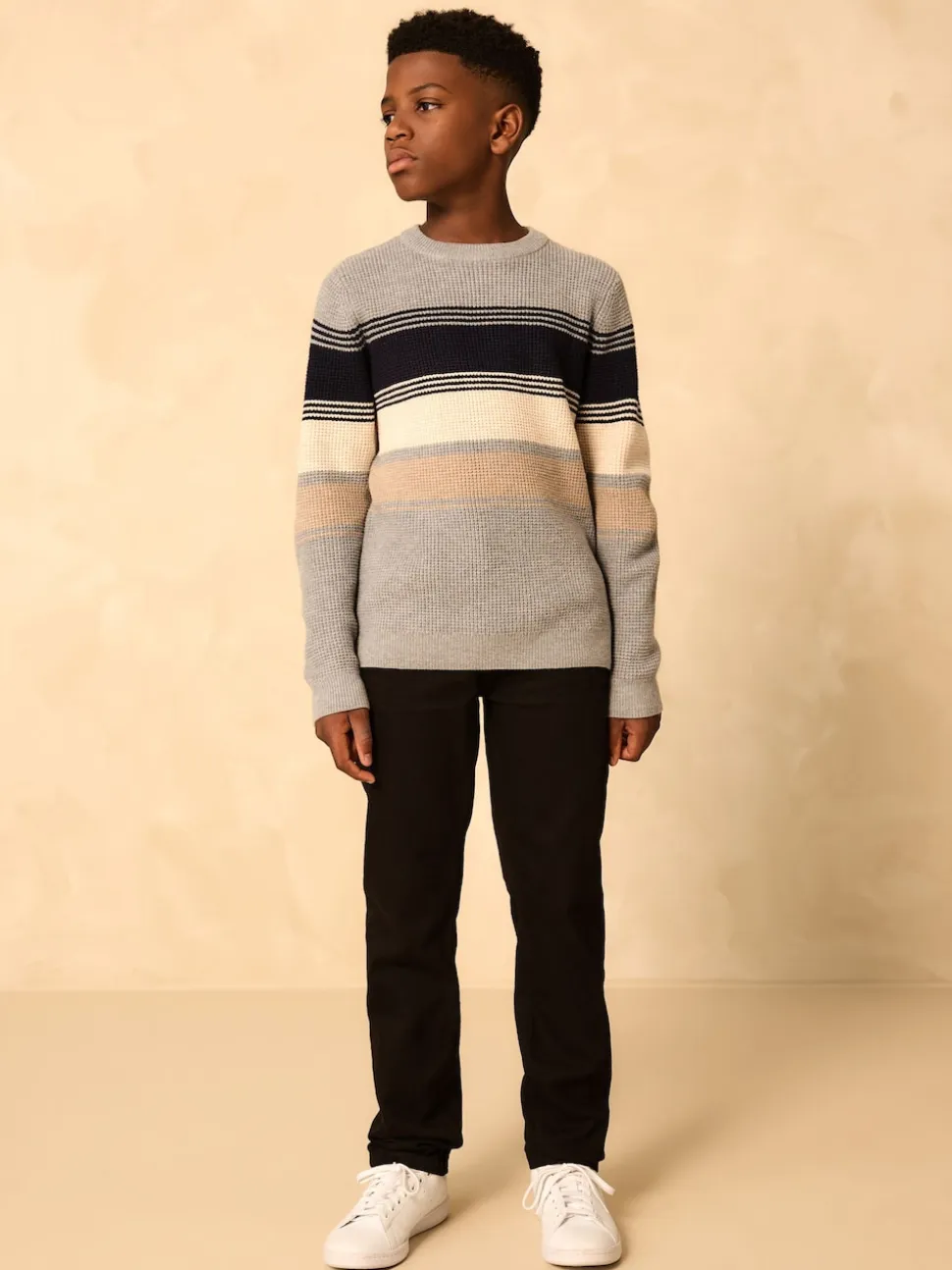 Gris - Pull color block rayé en maille à col ras du cou (3-16ans)