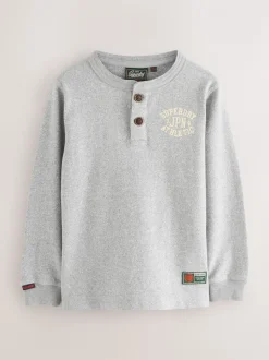 Gris - T-shirt Superdry Henley à manches longues