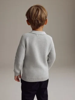 Gris clair - Manches longues Quarter Zip Knitted Polos (3mths-7yrs)