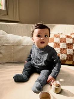Gris de charbon de bois - Ensemble bébé pull et legging en tricot texturé 100 % coton (0mois -3ans)