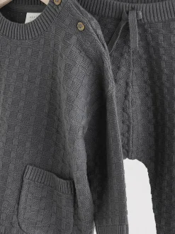 Gris de charbon de bois - Ensemble bébé pull et legging en tricot texturé 100 % coton (0mois -3ans)