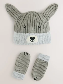 Gris imprimé chien - Ensemble 2 pièces Chapeau & Mitaines (3mois-6ans)