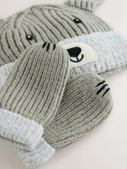 Gris imprimé chien - Ensemble 2 pièces Chapeau & Mitaines (3mois-6ans)