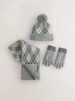 Gris/blanc à losanges - Ensemble chapeau, écharpe et gants 3 pièces (3-16ans)