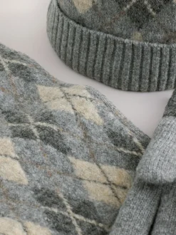 Gris/blanc à losanges - Ensemble chapeau, écharpe et gants 3 pièces (3-16ans)