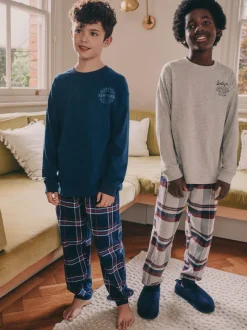 Gris/Bleu - Lot de 2 pyjamas en tissu à carreaux à manches longues (3-16ans)