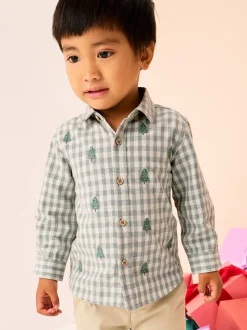 Gris/Ecru - Chemise de Noël à carreaux vichy brodée à manches longues (3mois7ans)