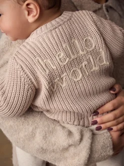 Hello World Neutre - Cardigan épais brodé en maille pour bébé