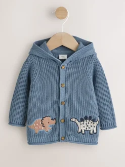 Imprimé dinosaures bleu marine brodé - Cardigan à capuche en maille bébé (0 mois-2 ans)
