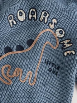 Imprimé dinosaures bleu marine brodé - Cardigan à capuche en maille bébé (0 mois-2 ans)