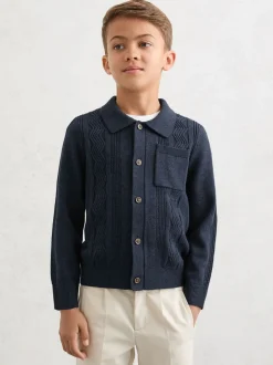 marine - Cardigans Reiss Tumnus en Coton-Blend à col polo et détails surpiqués