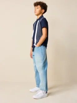 Marine/Blanc - Chemise en jersey à manches courtes à rayures verticales (3-16ans)