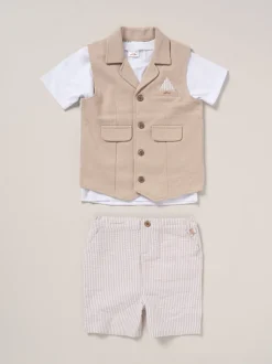 Marron - Little Gent Ensemble chemise, gilet et short 100% coton
