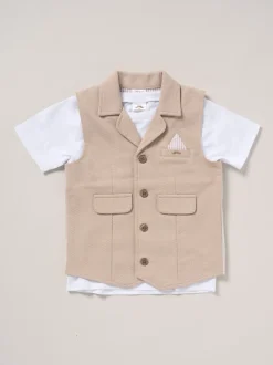 Marron - Little Gent Ensemble chemise, gilet et short 100% coton