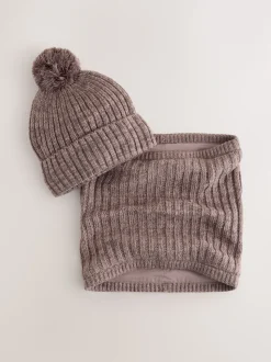 Marron café - Ensemble Bonnets et snood à pompon 2 Pieces (1-16ans)