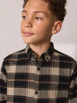 Marron fauve - Chemise à carreaux en coton brossé à manches longues (3-16ans)