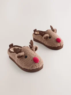Marron motif renne - Mules chaussons confortables de Noël