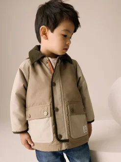 Marron neutre - Manteau à capuche avec col en velours côtelé résistant à la douche (3mois-7ans)