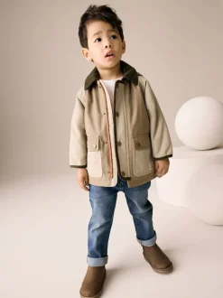 Marron neutre - Manteau à capuche avec col en velours côtelé résistant à la douche (3mois-7ans)