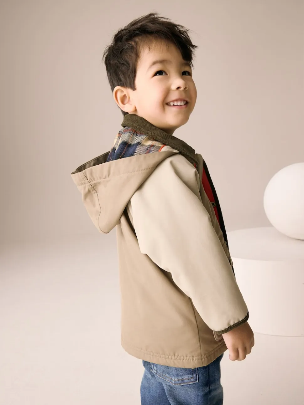 Marron neutre - Manteau à capuche avec col en velours côtelé résistant à la douche (3mois-7ans)