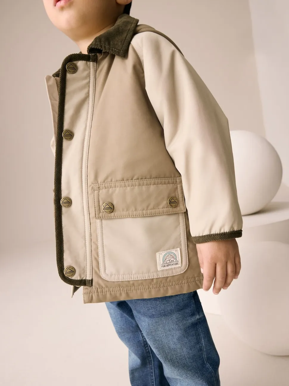 Marron neutre - Manteau à capuche avec col en velours côtelé résistant à la douche (3mois-7ans)