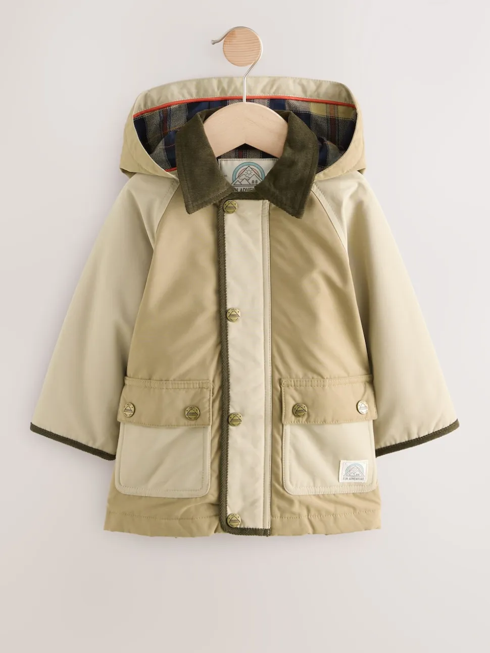 Marron neutre - Manteau à capuche avec col en velours côtelé résistant à la douche (3mois-7ans)