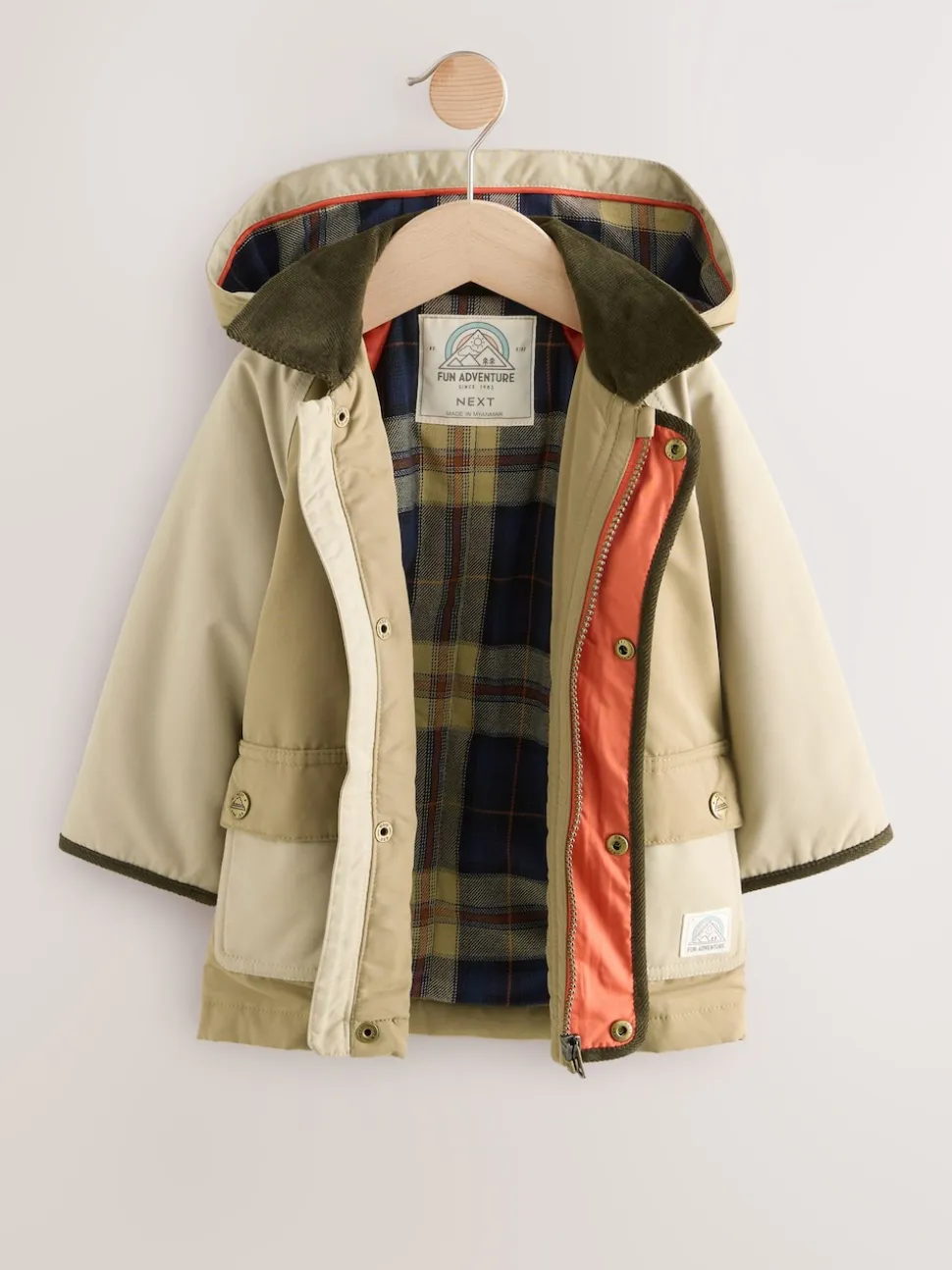 Marron neutre - Manteau à capuche avec col en velours côtelé résistant à la douche (3mois-7ans)