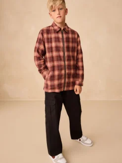 Marron rouille - Chemise zippée à carreaux et manches longues (3-16ans)