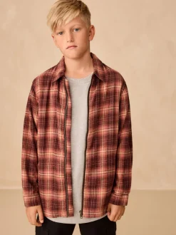 Marron rouille - Chemise zippée à carreaux et manches longues (3-16ans)