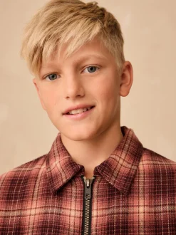 Marron rouille - Chemise zippée à carreaux et manches longues (3-16ans)