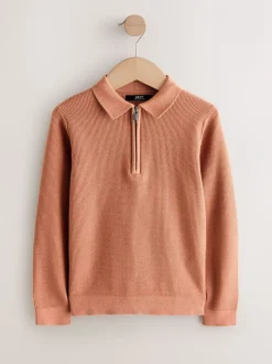Marron rouille - Polo en maille à manches longues et col zippé (3-16ans)