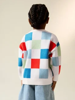 Motif à damier coloré - Pull col rond en maille (3mois-7ans)