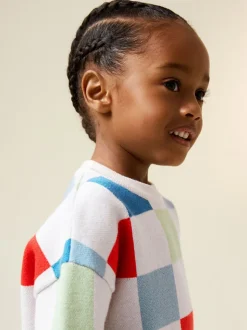 Motif à damier coloré - Pull col rond en maille (3mois-7ans)