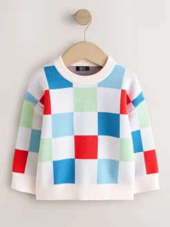 Motif à damier coloré - Pull col rond en maille (3mois-7ans)