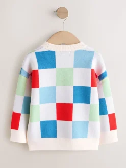Motif à damier coloré - Pull col rond en maille (3mois-7ans)