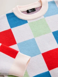 Motif à damier coloré - Pull col rond en maille (3mois-7ans)
