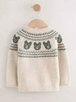 Motif ours neutre - Pull à col rond en maille Motif Fair Isle (3mois-7ans)