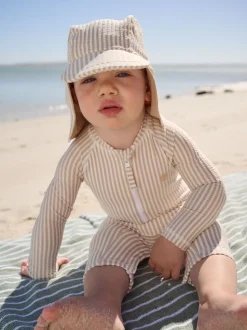 neutre - Ensemble maillot de bain et chapeau anti-soleil rayé (3mois-7ans)