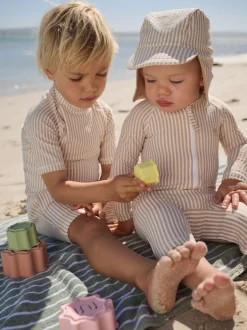 neutre - Ensemble maillot de bain et chapeau anti-soleil rayé (3mois-7ans)