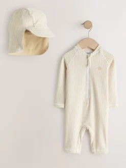 neutre - Ensemble maillot de bain et chapeau anti-soleil rayé (3mois-7ans)