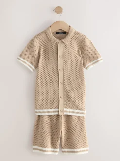 neutre - Ensemble polo et short en maille texturée boutonnée (3-16ans)